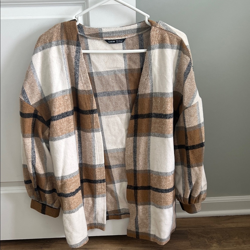 Plaid Open-Front Women’s Cardigan Sweater - Cream & Brown
